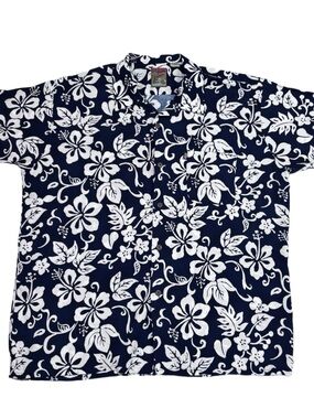 Men's Navy Blue & White Floral Hawaiian Shirt Pineapple Connection XL